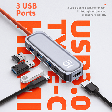 Hub 5 em 1 USB-C p/ 3XUSB 3.0 + PD + HDMI da ROCK - Imagem 12